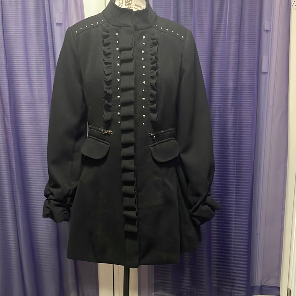 Elegant Black Pea Coat with Ruffle Detailing
